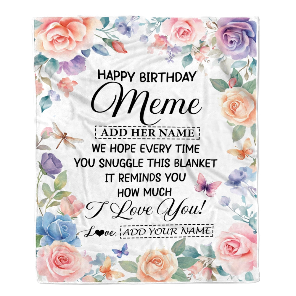 Personalized Happy Birthday Meme Gifts From Granddaughter Grandkids Blanket Butterfly Flower Present Birthday Gift For Meme Gifts Customized Fleece Blanket | siriusteestore