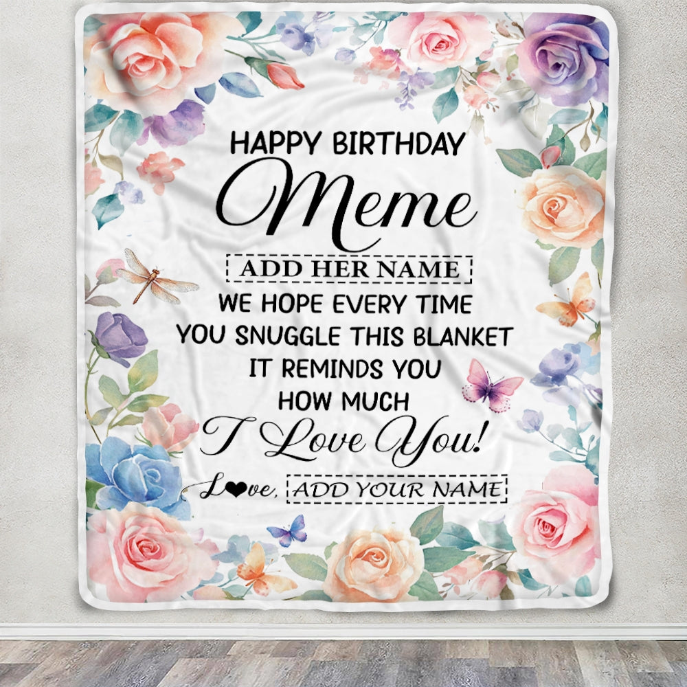 Personalized Happy Birthday Meme Gifts From Granddaughter Grandkids Blanket Butterfly Flower Present Birthday Gift For Meme Gifts Customized Fleece Blanket | siriusteestore