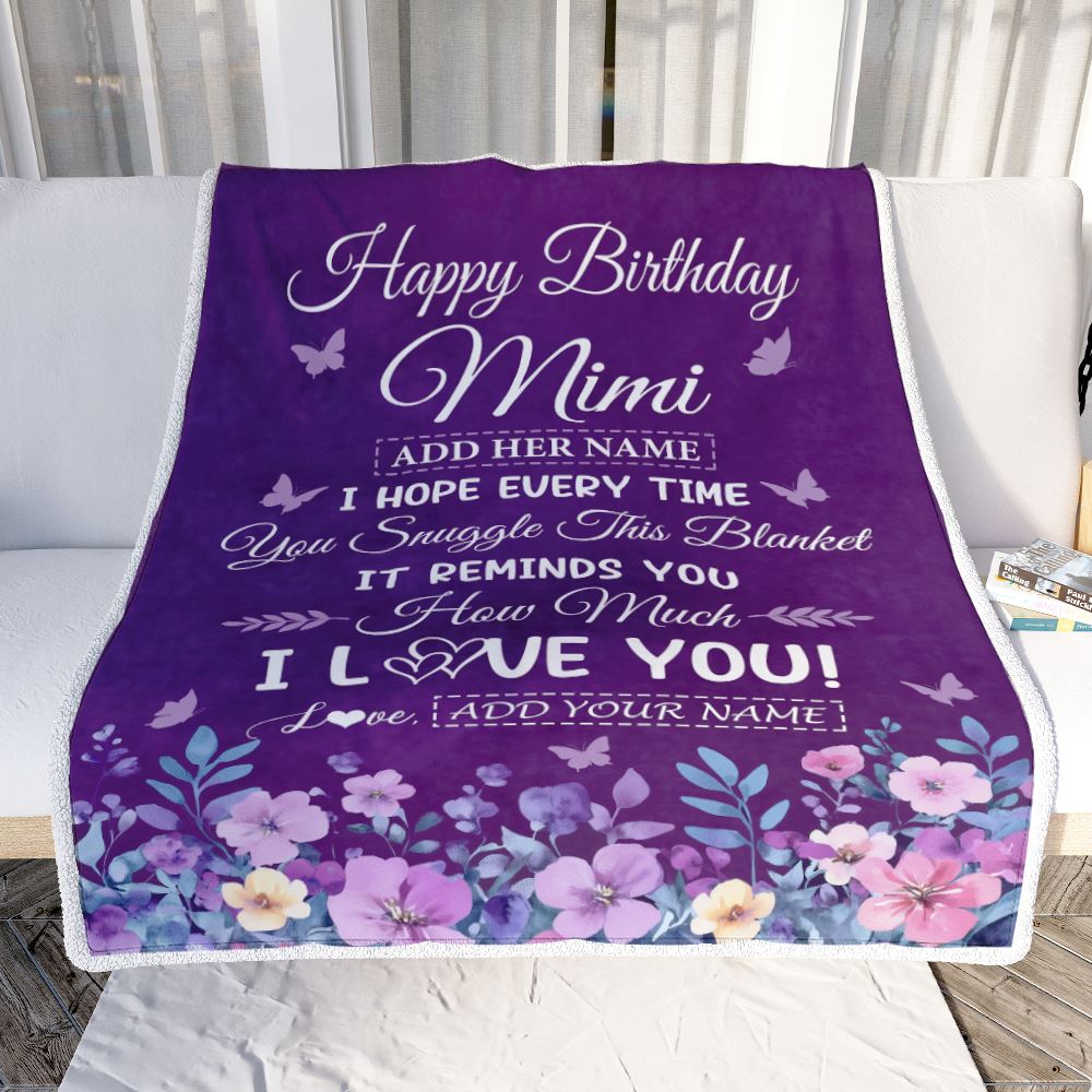 Personalized Happy Birthday Mimi Birthday Gifts From Granddaughter Grandson Blanket Purple Floral Unique Birthday Gifts Mimi Gifts Customized Fleece Blanket | siriusteestore