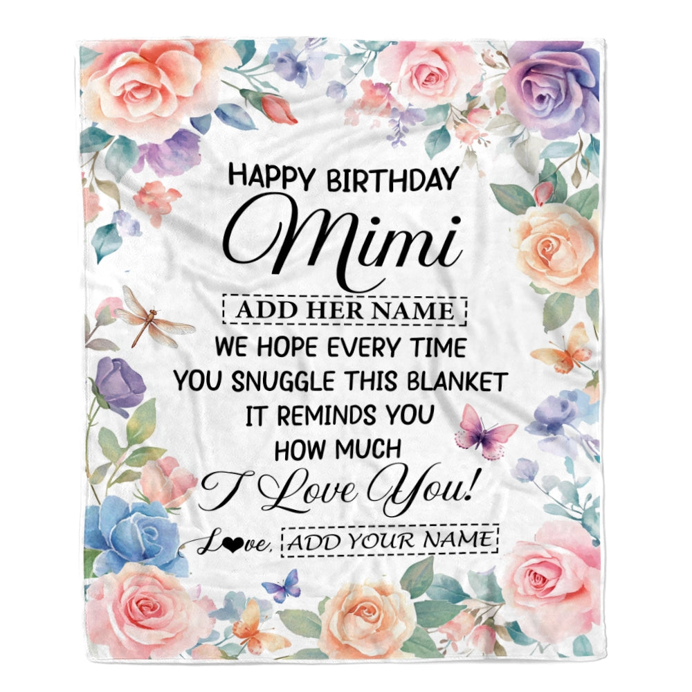Personalized Happy Birthday Mimi Gifts From Granddaughter Grandkids Blanket Butterfly Flower Present Birthday Gift For Mimi Gifts Customized Fleece Blanket | siriusteestore