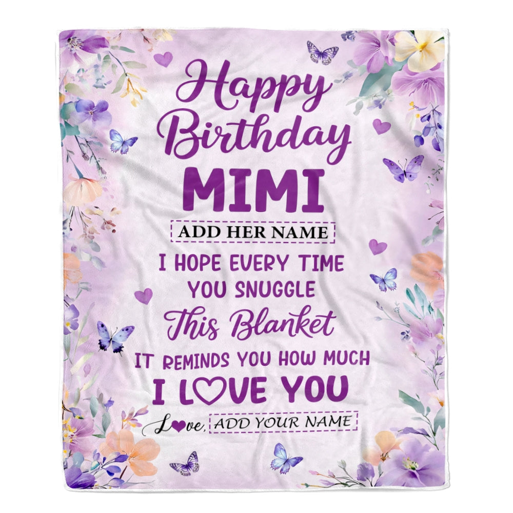 Personalized Happy Birthday Mimi Gifts From Granddaughter Grandson Blanket I Love You Purple Floral Birthday Gift Idea For Mimi Gifts Custom Fleece Blanket | siriusteestore