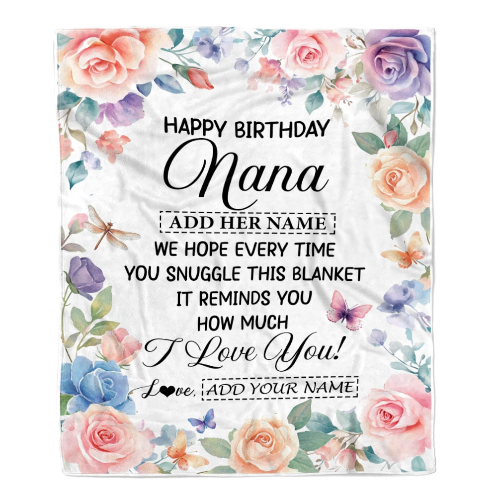 Personalized Happy Birthday Nana Gifts From Granddaughter Grandkids Blanket Butterfly Flower Present Birthday Gift For Nana Gifts Customized Fleece Blanket | siriusteestore