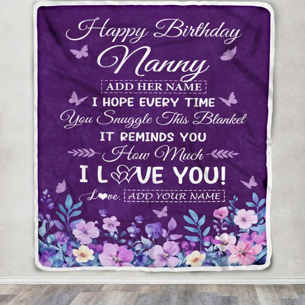 Personalized Happy Birthday Nanny Birthday Gifts From Kids Blanket Purple Floral Unique Birthday Gifts Nanny Gifts Customized Fleece Throw Blanket | siriusteestore