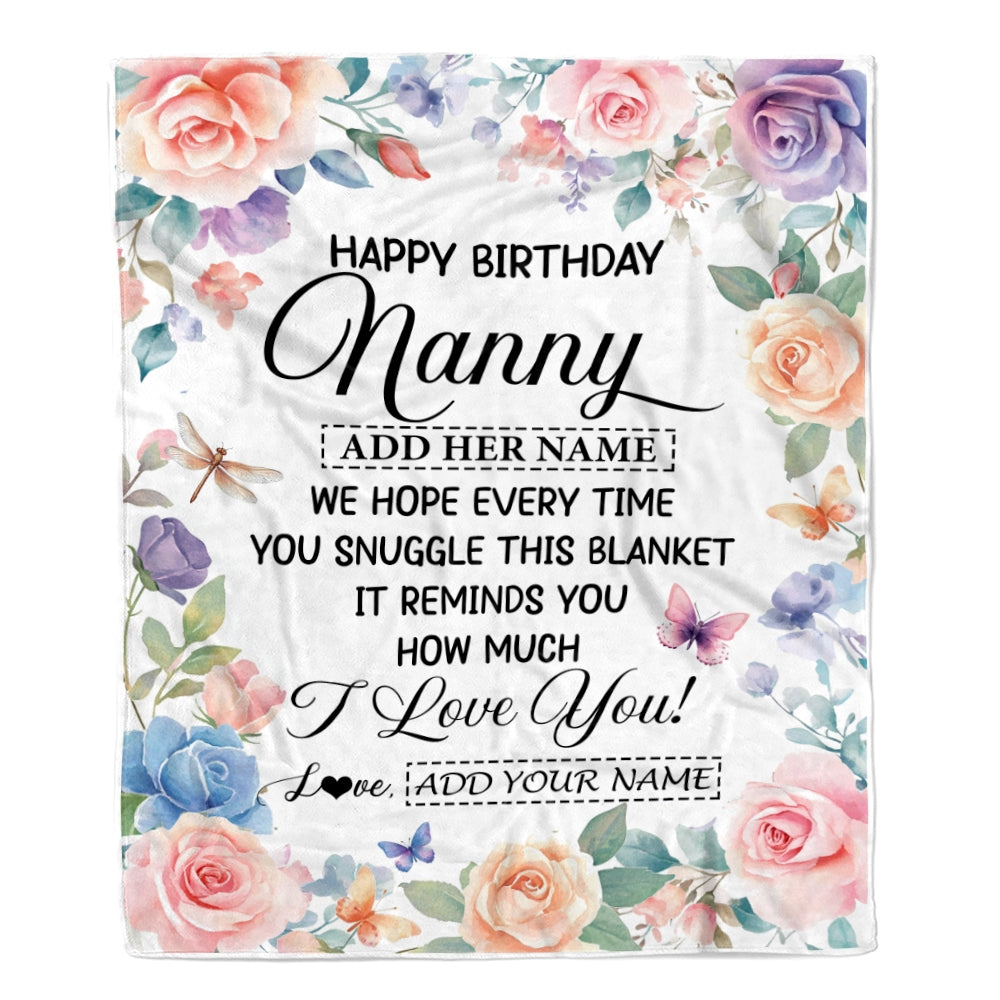 Personalized Happy Birthday Nanny Gifts From Kids Blanket Butterfly Flower Present Birthday Gift For Nanny Gifts Customized Fleece Throw Blanket | siriusteestore