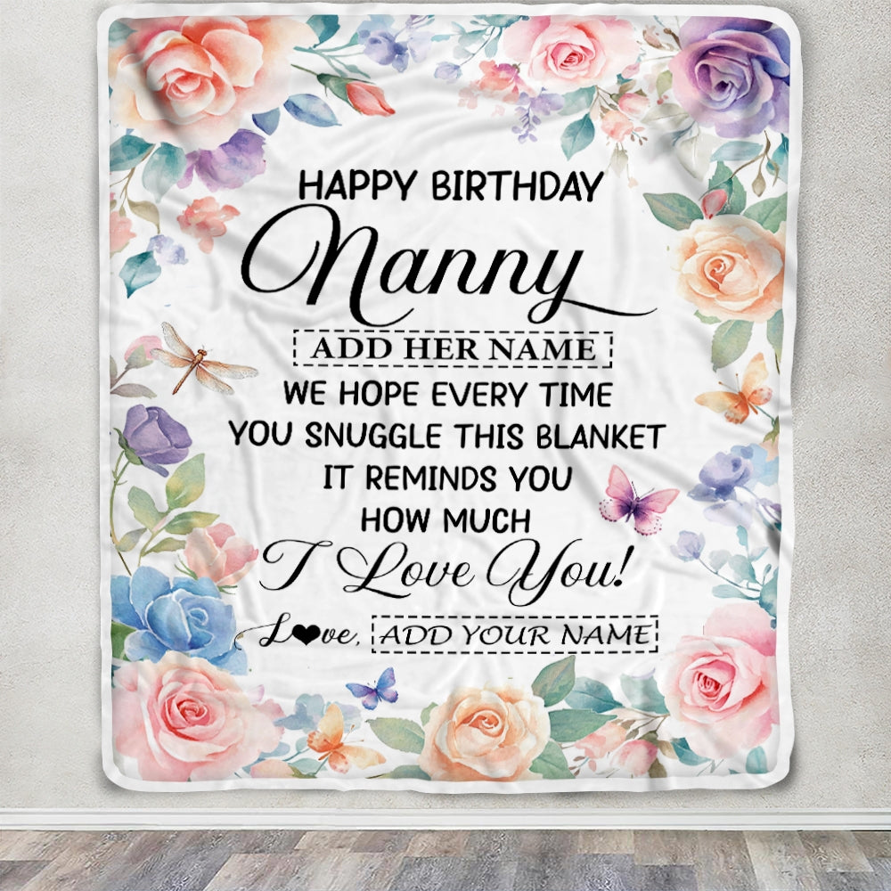 Personalized Happy Birthday Nanny Gifts From Kids Blanket Butterfly Flower Present Birthday Gift For Nanny Gifts Customized Fleece Throw Blanket | siriusteestore