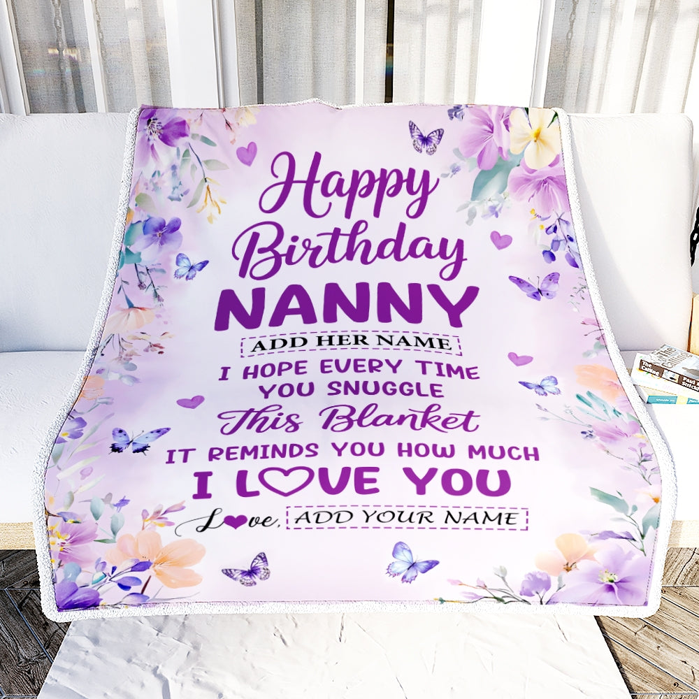 Personalized Happy Birthday Nanny Gifts From Kids Blanket I Love You Purple Floral Birthday Gift Idea For Nanny Gifts Customized Fleece Throw Blanket | siriusteestore