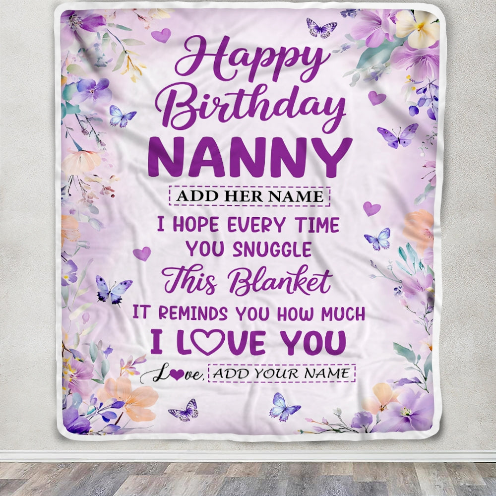 Personalized Happy Birthday Nanny Gifts From Kids Blanket I Love You Purple Floral Birthday Gift Idea For Nanny Gifts Customized Fleece Throw Blanket | siriusteestore