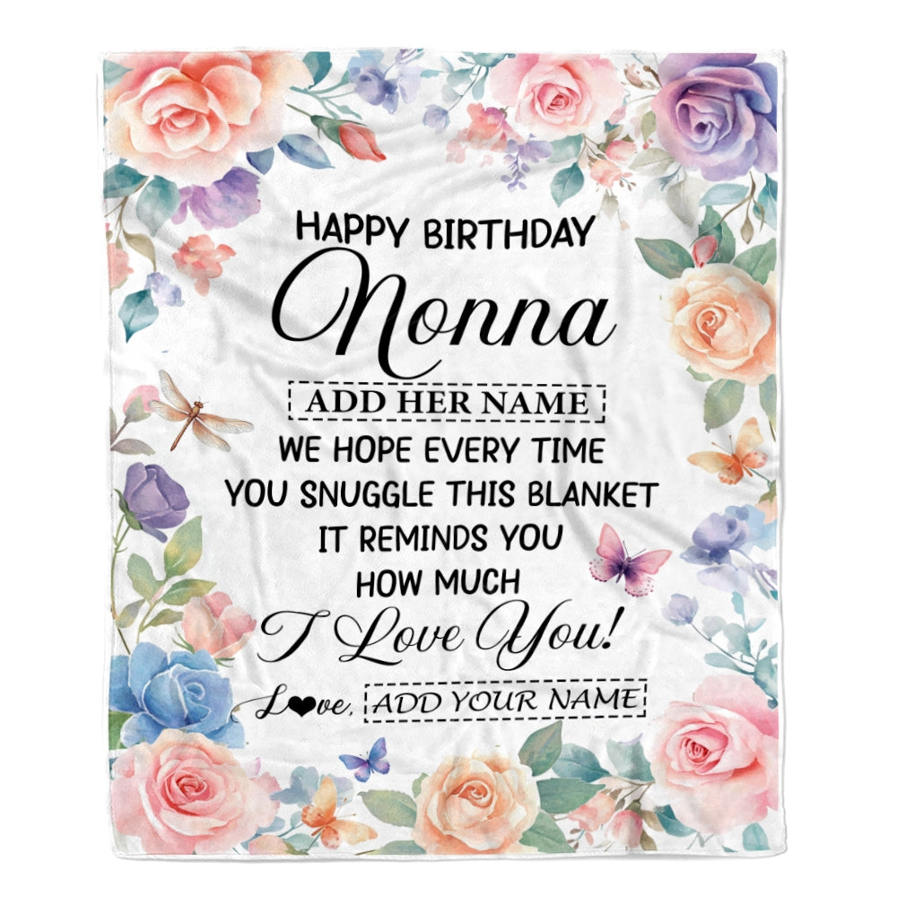 Personalized Happy Birthday Nonna Gifts From Granddaughter Grandkids Blanket Butterfly Flower Present Birthday Gift For Nonna Gifts Customized Fleece Blanket | siriusteestore