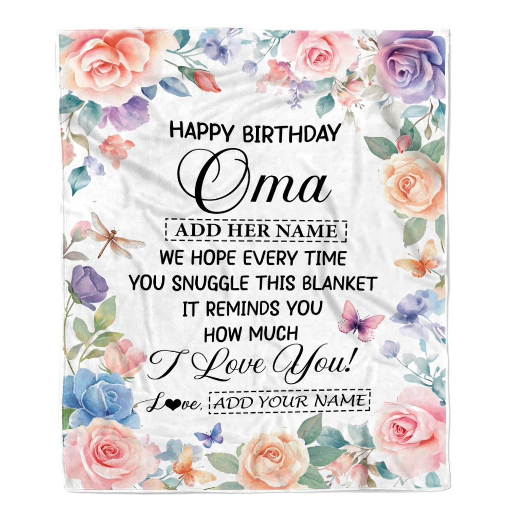 Personalized Happy Birthday Oma Gifts From Granddaughter Grandkids Blanket Butterfly Flower Present Birthday Gift For Oma Gifts Customized Fleece Throw Blanket | siriusteestore