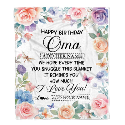 Personalized Happy Birthday Oma Gifts From Granddaughter Grandkids Blanket Butterfly Flower Present Birthday Gift For Oma Gifts Customized Fleece Throw Blanket | siriusteestore