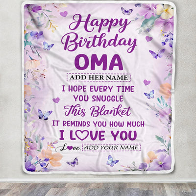 Personalized Happy Birthday Oma Gifts From Granddaughter Grandson Blanket I Love You Purple Floral Birthday Gift Idea For Oma Gifts Customized Fleece Blanket | siriusteestore