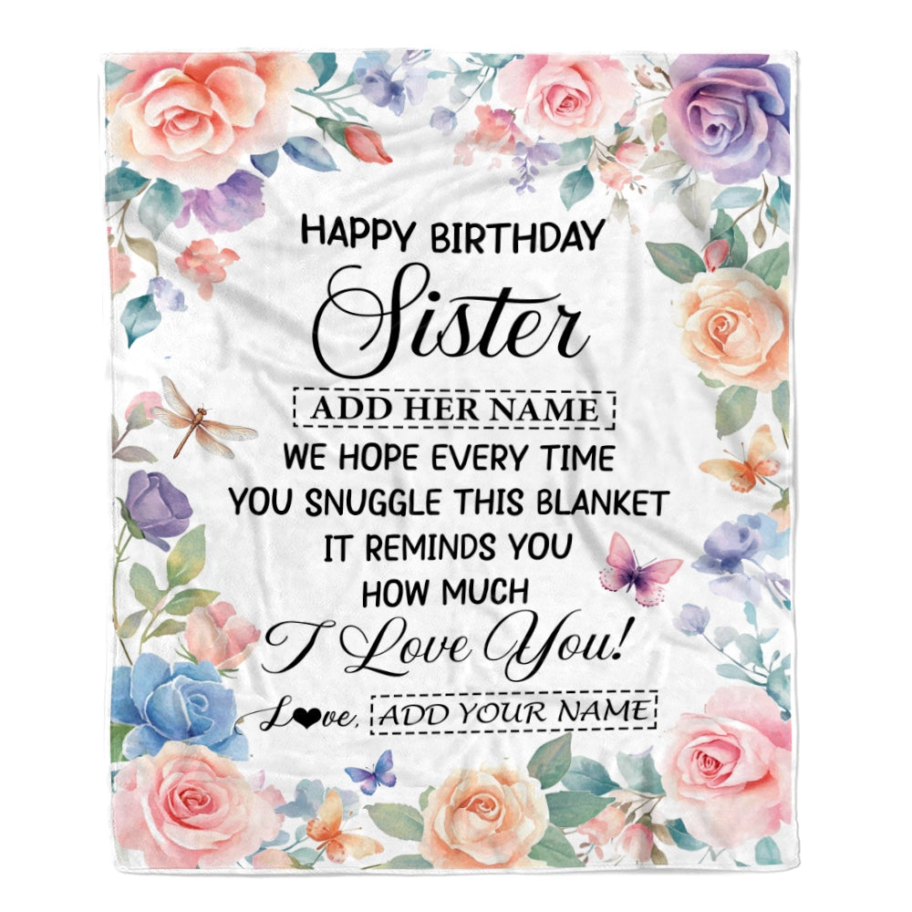 Personalized Happy Birthday Sister Gifts From Brother Blanket Butterfly Flower Present Birthday Gift For Sister Gifts Customized Fleece Throw Blanket | siriusteestore
