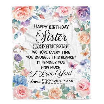 Personalized Happy Birthday Sister Gifts From Brother Blanket Butterfly Flower Present Birthday Gift For Sister Gifts Customized Fleece Throw Blanket | siriusteestore