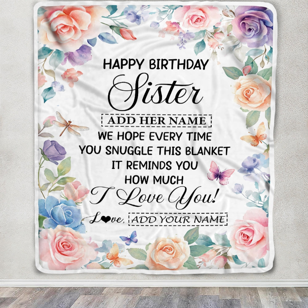 Personalized Happy Birthday Sister Gifts From Brother Blanket Butterfly Flower Present Birthday Gift For Sister Gifts Customized Fleece Throw Blanket | siriusteestore