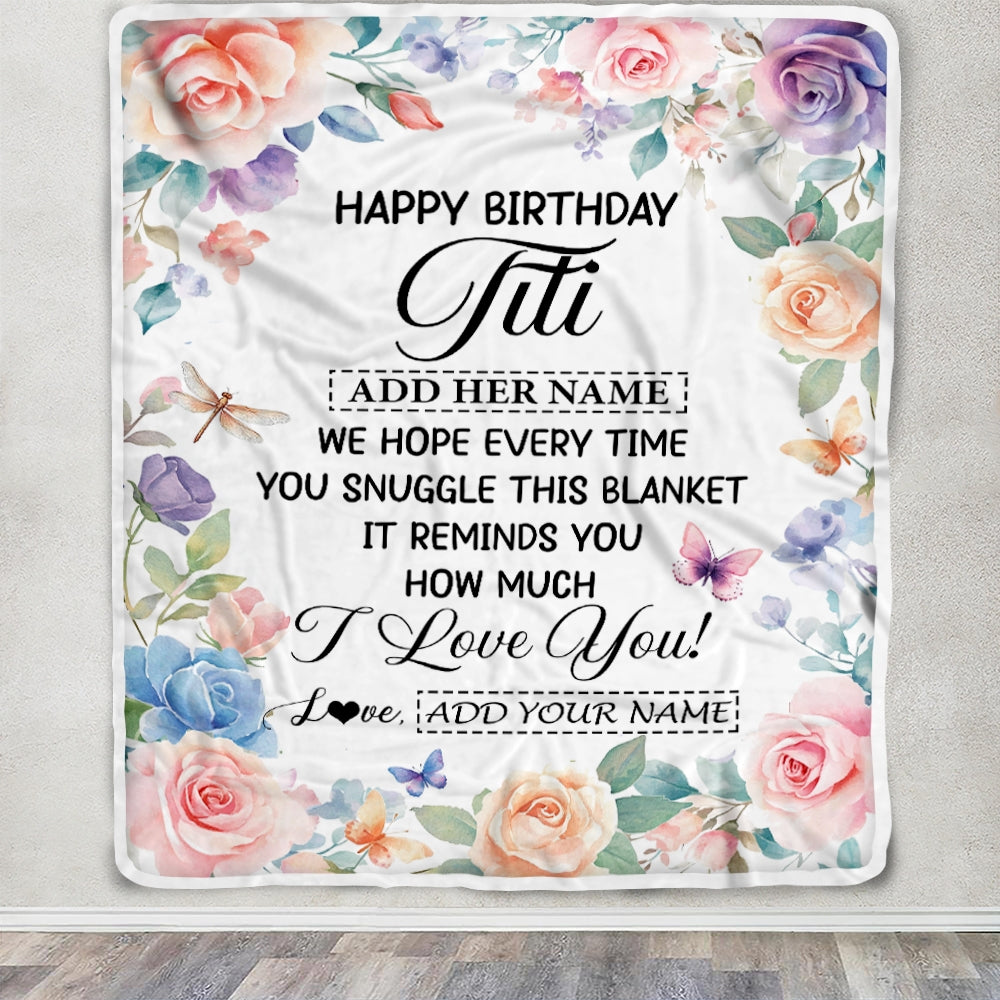 Personalized Happy Birthday Titi Gifts From Niece Nephew Blanket Butterfly Flower Present Birthday Gift For Titi Gifts Customized Fleece Throw Blanket | siriusteestore