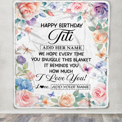 Personalized Happy Birthday Titi Gifts From Niece Nephew Blanket Butterfly Flower Present Birthday Gift For Titi Gifts Customized Fleece Throw Blanket | siriusteestore