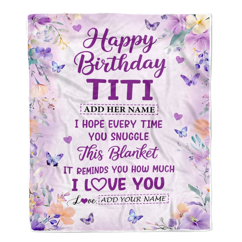 Personalized Happy Birthday Titi Gifts From Niece Nephew Blanket I Love You Purple Floral Birthday Gift Idea For Titi Gifts Customized Fleece Throw Blanket | siriusteestore