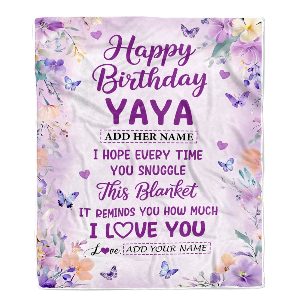 Personalized Happy Birthday Yaya Gifts From Kids Grandson Blanket I Love You Purple Floral Birthday Gift Idea For Yaya Gifts Customized Fleece Throw Blanket | siriusteestore