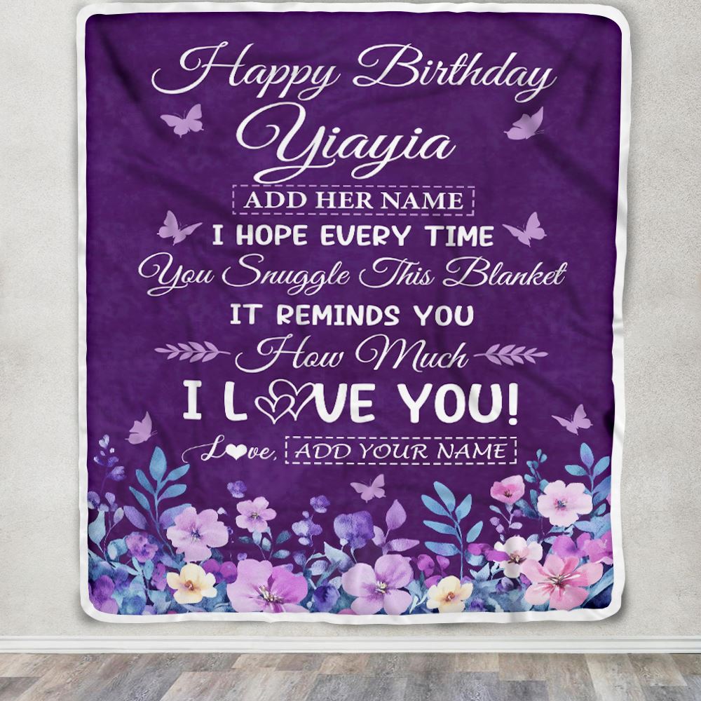 Personalized Happy Birthday Yiayia Birthday Gifts From Granddaughter Blanket Purple Floral Unique Birthday Gifts Yiayia Gifts Customized Fleece Throw Blanket | siriusteestore
