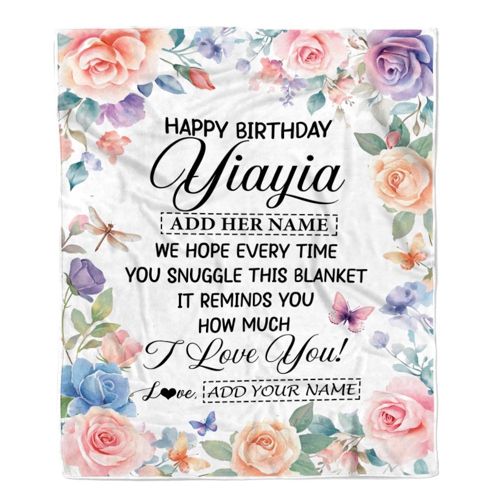 Personalized Happy Birthday Yiayia Gifts From Granddaughter Blanket Butterfly Flower Present Birthday Gift For Yiayia Gifts Customized Fleece Throw Blanket | siriusteestore