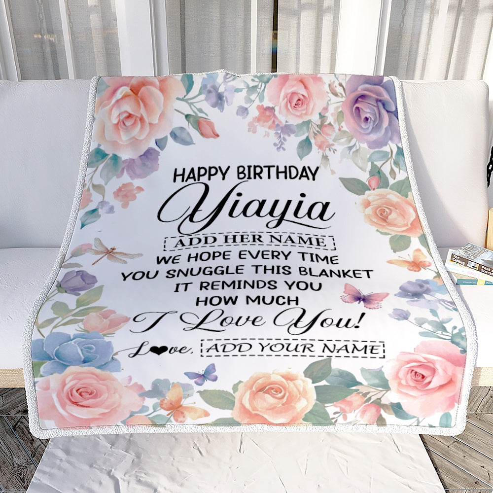 Personalized Happy Birthday Yiayia Gifts From Granddaughter Blanket Butterfly Flower Present Birthday Gift For Yiayia Gifts Customized Fleece Throw Blanket | siriusteestore