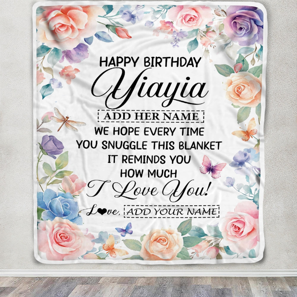Personalized Happy Birthday Yiayia Gifts From Granddaughter Blanket Butterfly Flower Present Birthday Gift For Yiayia Gifts Customized Fleece Throw Blanket | siriusteestore
