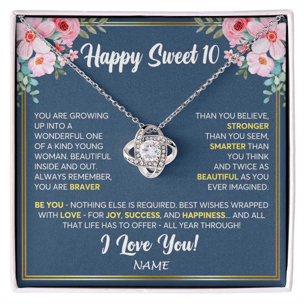 Love Knot Necklace 14K White Gold Finish | Personalized Happy Sweet 10 For Girls Necklace Sweet Ten 10th Birthday Gifts For 10 Ten Old For Girl Niece Daughter Customized Gift Box Message Card | siriusteestore