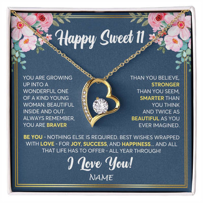 Forever Love Necklace 18K Yellow Gold Finish | Personalized Happy Sweet 11 For Girls Necklace Sweet Eleven 11th Birthday Gifts For 11 Eleven Old For Girl Niece Daughter Customized Gift Box Message Card | siriusteestore