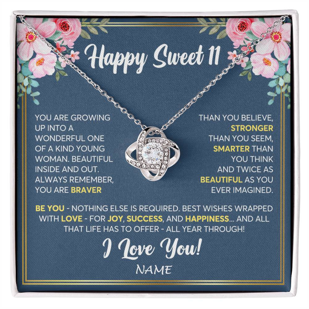 Love Knot Necklace 14K White Gold Finish | Personalized Happy Sweet 11 For Girls Necklace Sweet Eleven 11th Birthday Gifts For 11 Eleven Old For Girl Niece Daughter Customized Gift Box Message Card | siriusteestore