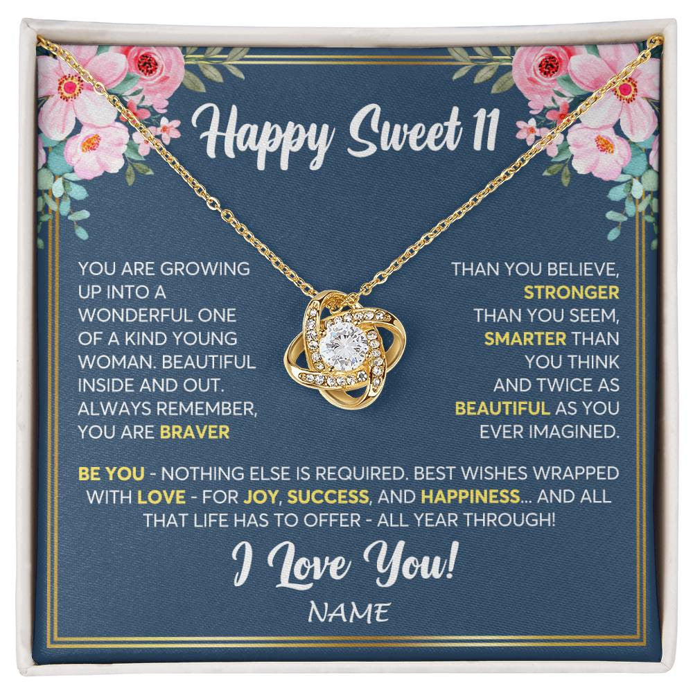 Love Knot Necklace 18K Yellow Gold Finish | Personalized Happy Sweet 11 For Girls Necklace Sweet Eleven 11th Birthday Gifts For 11 Eleven Old For Girl Niece Daughter Customized Gift Box Message Card | siriusteestore