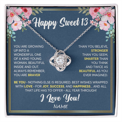 Love Knot Necklace 14K White Gold Finish | Personalized Happy Sweet 13 For Girls Necklace Sweet Thirteen 13th Birthday Gifts For 13 Thirteen Old For Girl Niece Daughter Customized Gift Box Message Card | siriusteestore