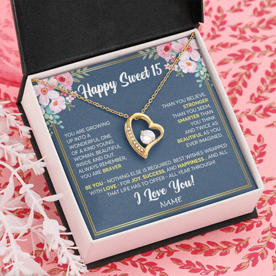 Forever Love Necklace 18K Yellow Gold Finish | Personalized Happy Sweet 15 For Girls Necklace Sweet Fifteen 15th Birthday Gifts For 15 Fifteen Old For Girl Niece Daughter Customized Gift Box Message Card | siriusteestore