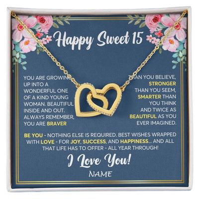 Interlocking Hearts Necklace 18K Yellow Gold Finish | Personalized Happy Sweet 15 For Girls Necklace Sweet Fifteen 15th Birthday Gifts For 15 Fifteen Old For Girl Niece Daughter Customized Gift Box Message Card | siriusteestore