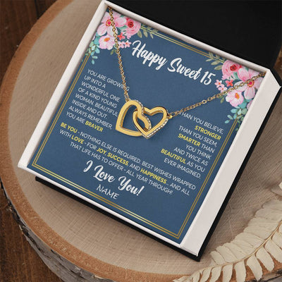 Interlocking Hearts Necklace 18K Yellow Gold Finish | Personalized Happy Sweet 15 For Girls Necklace Sweet Fifteen 15th Birthday Gifts For 15 Fifteen Old For Girl Niece Daughter Customized Gift Box Message Card | siriusteestore