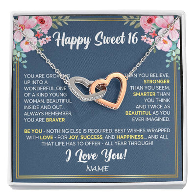 Interlocking Hearts Necklace Stainless Steel & Rose Gold Finish | Personalized Happy Sweet 16 For Girls Necklace Sweet Sixteen 16th Birthday Gifts For 16 Sixteen Old For Girl Niece Daughter Customized Gift Box Message Card | siriusteestore