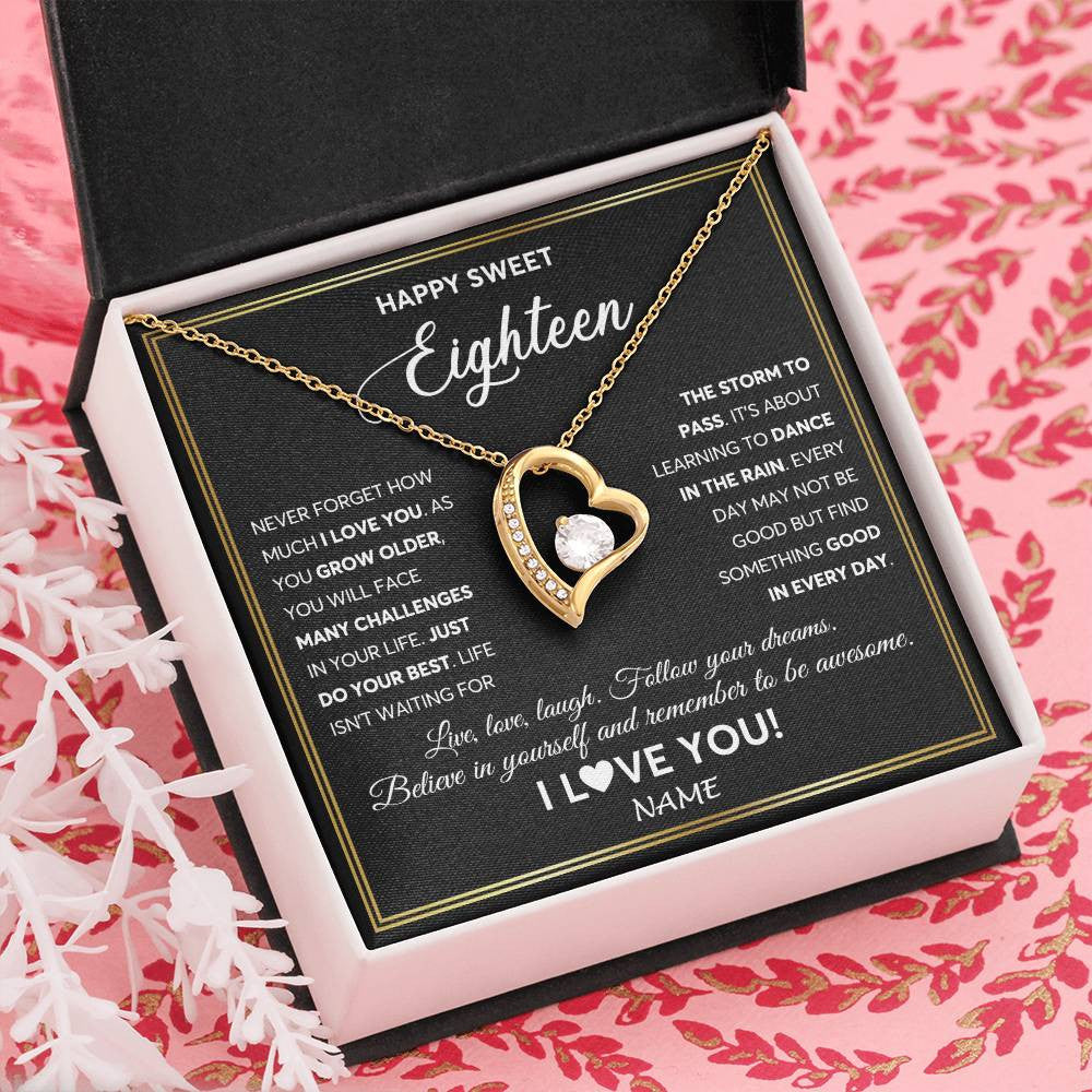 Forever Love Necklace 18K Yellow Gold Finish | Personalized Happy Sweet Eighteen Necklace Sweet 18 Gifts For Girls Birthday Jewelry 18 Eighteen Old Niece Daughter From Mom Dad Customized Gift Box Message Card | siriusteestore