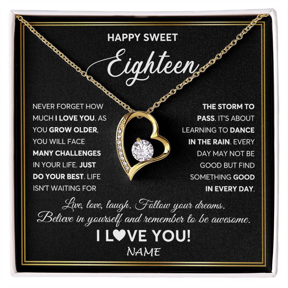 Forever Love Necklace 18K Yellow Gold Finish | Personalized Happy Sweet Eighteen Necklace Sweet 18 Gifts For Girls Birthday Jewelry 18 Eighteen Old Niece Daughter From Mom Dad Customized Gift Box Message Card | siriusteestore