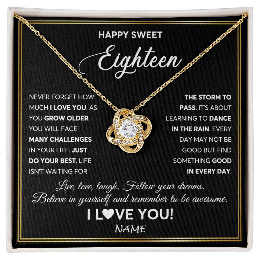 Love Knot Necklace 18K Yellow Gold Finish | Personalized Happy Sweet Eighteen Necklace Sweet 18 Gifts For Girls Birthday Jewelry 18 Eighteen Old Niece Daughter From Mom Dad Customized Gift Box Message Card | siriusteestore