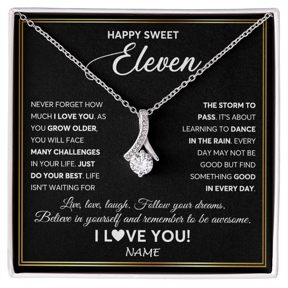 Alluring Beauty Necklace 14K White Gold Finish | Personalized Happy Sweet Eleven Necklace Sweet 11 Gifts For Girls Birthday Jewelry 11 Eleven Old Niece Daughter From Mom Dad Customized Gift Box Message Card | siriusteestore