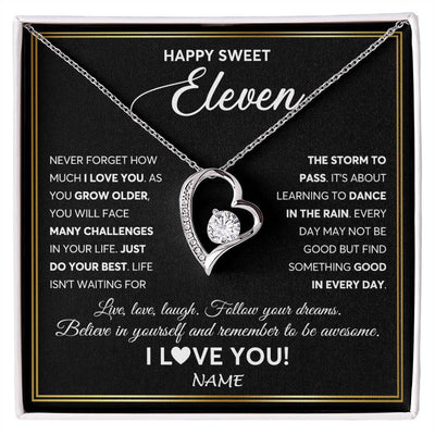 Forever Love Necklace 14K White Gold Finish | Personalized Happy Sweet Eleven Necklace Sweet 11 Gifts For Girls Birthday Jewelry 11 Eleven Old Niece Daughter From Mom Dad Customized Gift Box Message Card | siriusteestore