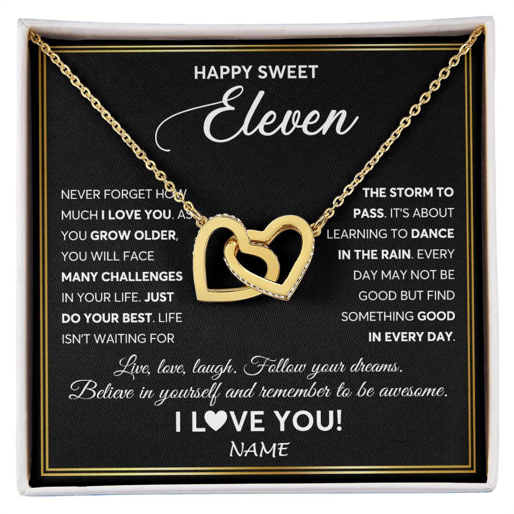 Interlocking Hearts Necklace 18K Yellow Gold Finish | Personalized Happy Sweet Eleven Necklace Sweet 11 Gifts For Girls Birthday Jewelry 11 Eleven Old Niece Daughter From Mom Dad Customized Gift Box Message Card | siriusteestore