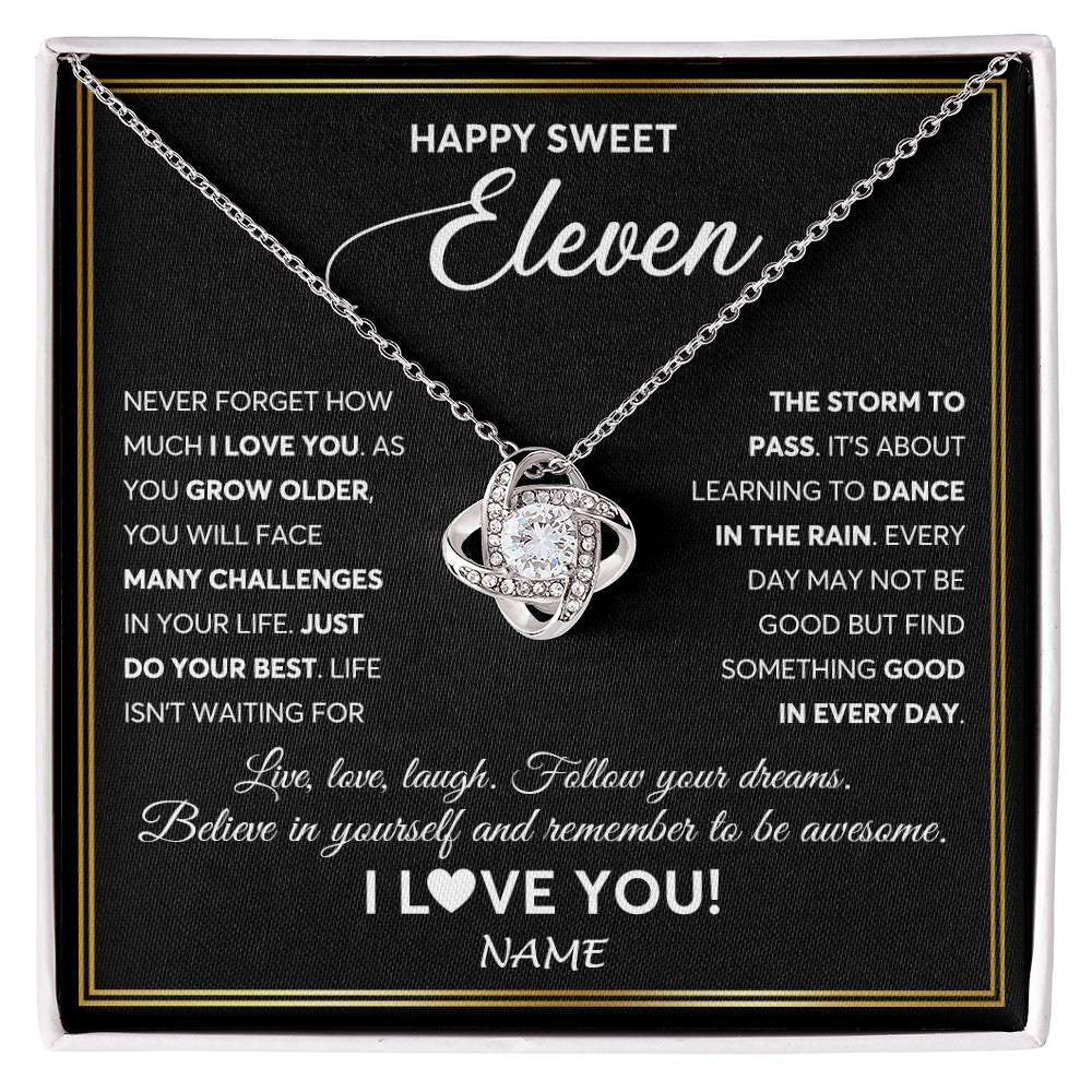 Love Knot Necklace 14K White Gold Finish | Personalized Happy Sweet Eleven Necklace Sweet 11 Gifts For Girls Birthday Jewelry 11 Eleven Old Niece Daughter From Mom Dad Customized Gift Box Message Card | siriusteestore