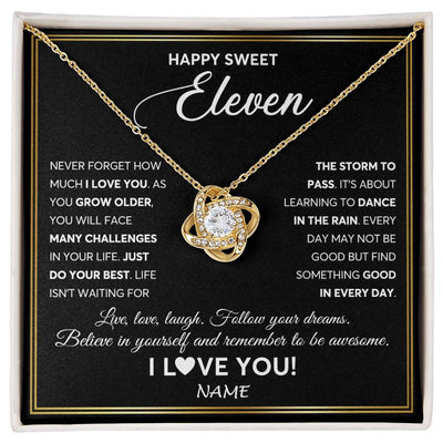 Love Knot Necklace 18K Yellow Gold Finish | Personalized Happy Sweet Eleven Necklace Sweet 11 Gifts For Girls Birthday Jewelry 11 Eleven Old Niece Daughter From Mom Dad Customized Gift Box Message Card | siriusteestore