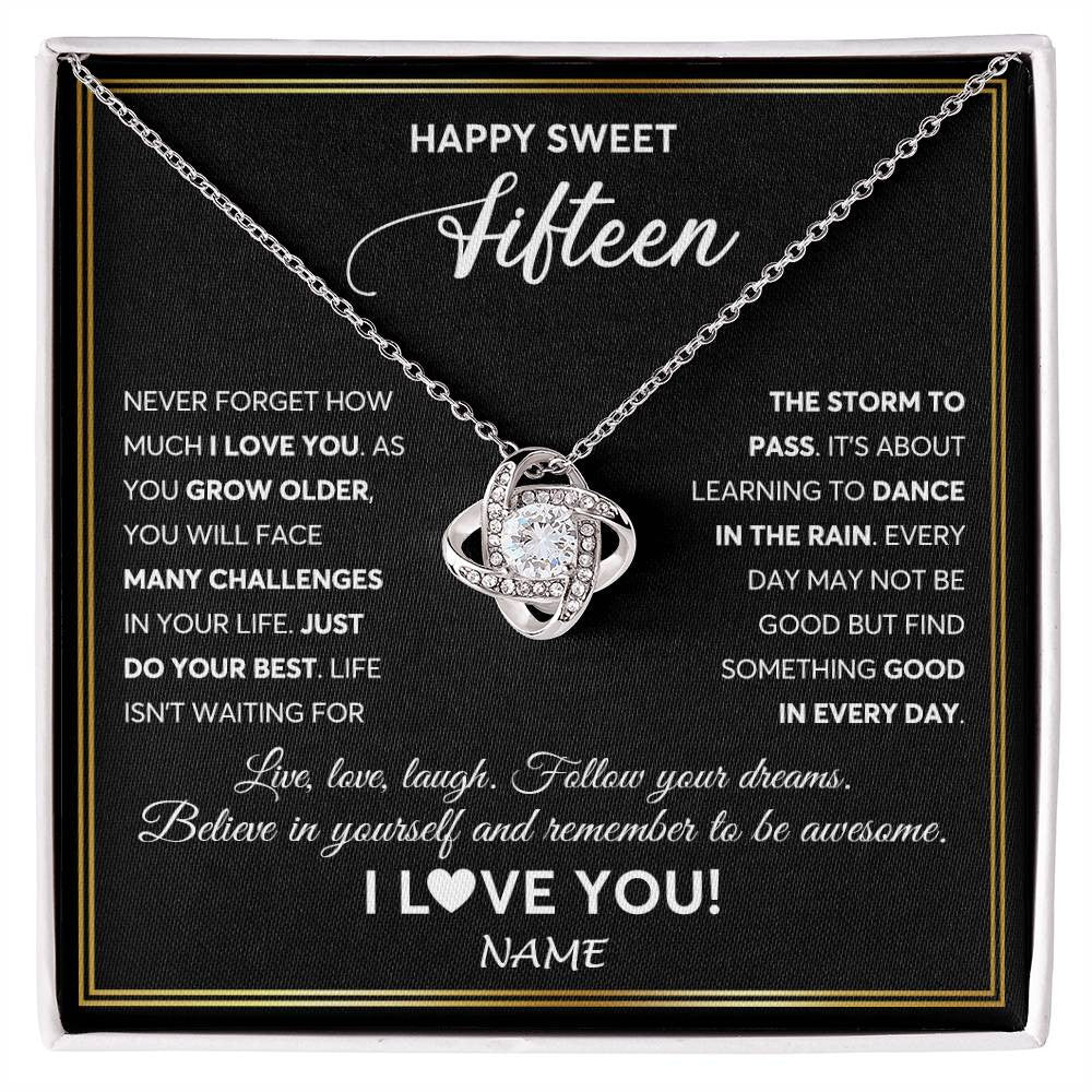 Love Knot Necklace 14K White Gold Finish | Personalized Happy Sweet Fifteen Necklace Sweet 15 Gifts For Girls Birthday Jewelry 15 Fifteen Old Niece Daughter From Mom Dad Customized Gift Box Message Card | siriusteestore