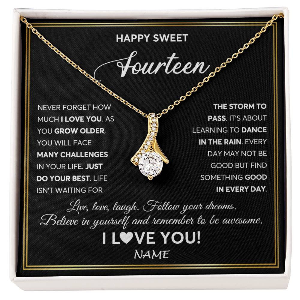 Alluring Beauty Necklace 18K Yellow Gold Finish | Personalized Happy Sweet Fourteen Necklace Sweet 14 Gifts For Girls Birthday Jewelry 14 Fourteen Old Niece Daughter From Mom Dad Customized Gift Box Message Card | siriusteestore