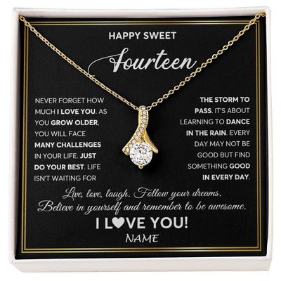 Alluring Beauty Necklace 18K Yellow Gold Finish | Personalized Happy Sweet Fourteen Necklace Sweet 14 Gifts For Girls Birthday Jewelry 14 Fourteen Old Niece Daughter From Mom Dad Customized Gift Box Message Card | siriusteestore