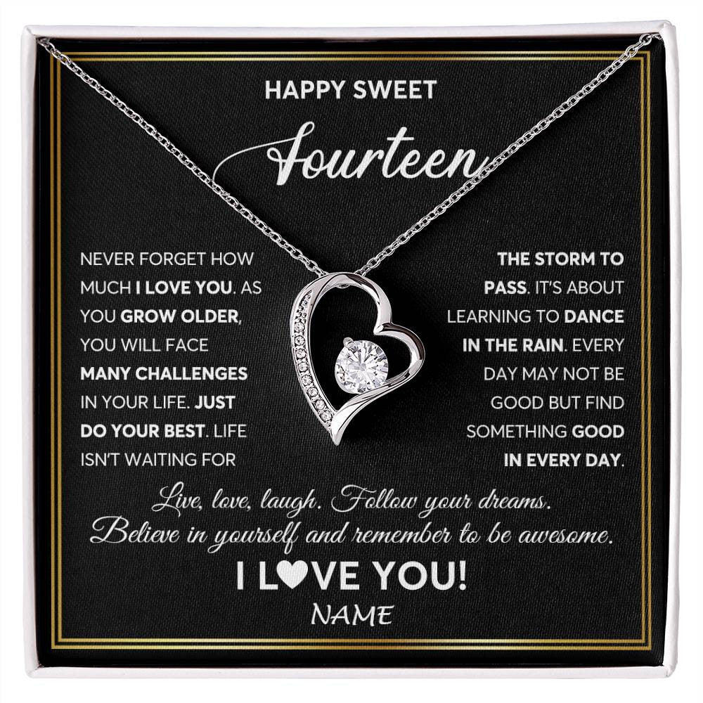 Forever Love Necklace 14K White Gold Finish | Personalized Happy Sweet Fourteen Necklace Sweet 14 Gifts For Girls Birthday Jewelry 14 Fourteen Old Niece Daughter From Mom Dad Customized Gift Box Message Card | siriusteestore