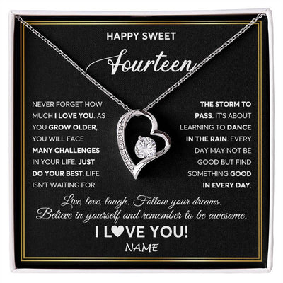 Forever Love Necklace 14K White Gold Finish | Personalized Happy Sweet Fourteen Necklace Sweet 14 Gifts For Girls Birthday Jewelry 14 Fourteen Old Niece Daughter From Mom Dad Customized Gift Box Message Card | siriusteestore