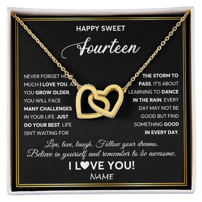 Interlocking Hearts Necklace 18K Yellow Gold Finish | Personalized Happy Sweet Fourteen Necklace Sweet 14 Gifts For Girls Birthday Jewelry 14 Fourteen Old Niece Daughter From Mom Dad Customized Gift Box Message Card | siriusteestore