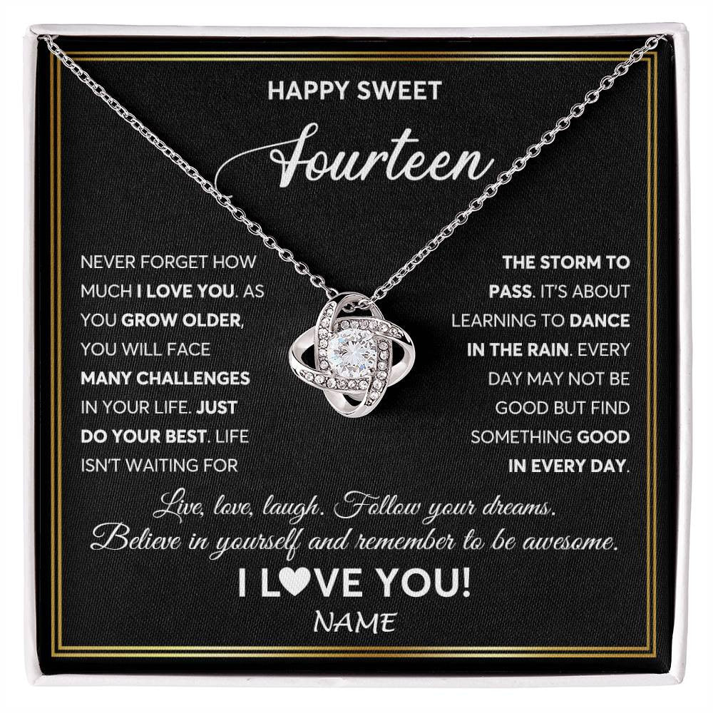 Love Knot Necklace 14K White Gold Finish | Personalized Happy Sweet Fourteen Necklace Sweet 14 Gifts For Girls Birthday Jewelry 14 Fourteen Old Niece Daughter From Mom Dad Customized Gift Box Message Card | siriusteestore